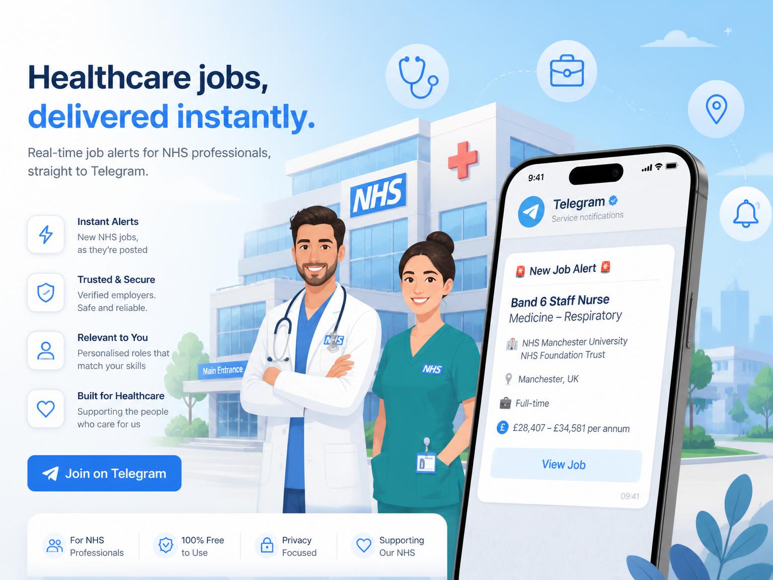 NHS Jobs Alerts Bot delivering a Telegram job notification to a healthcare professional